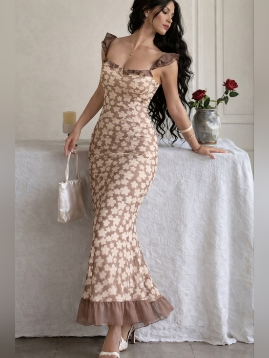 Commense Dresses & Skirts - NWT Commense Stretchy Floral Midi Dress Taupe Cream Boho Spring Summer Small XS